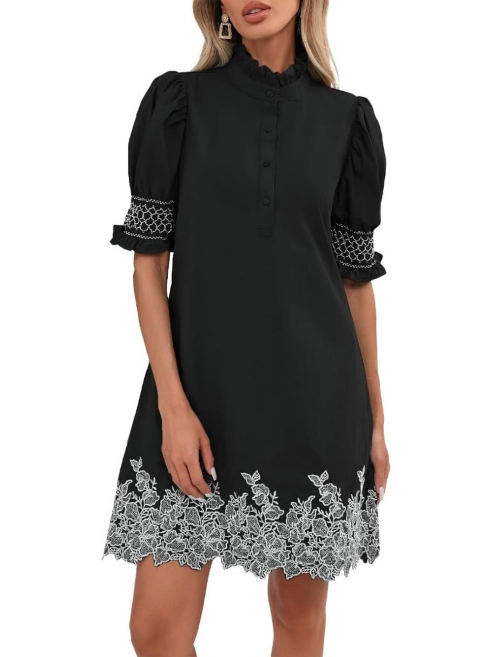 Summer Mini Dress with Embroidery, Puff Sleeves, Ruffle Collar & Button Front